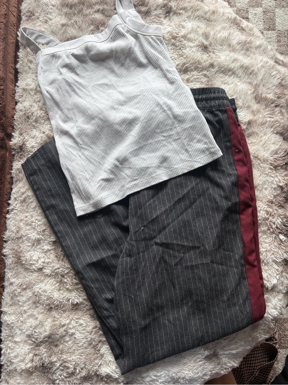 Charcoal Pinstripe Pants with Burgundy Side Stripe and cream top bundle